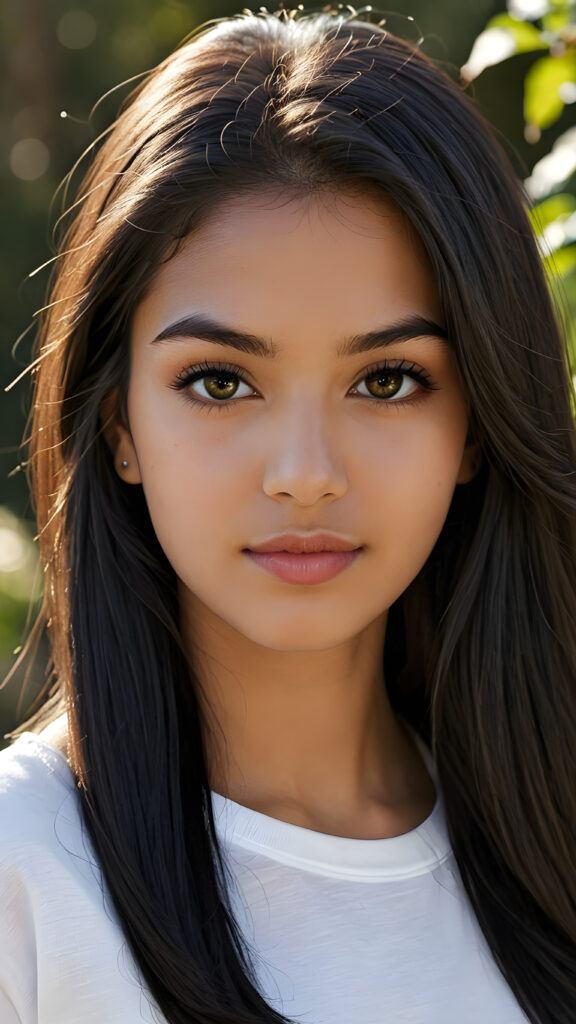 realistic and detailed photo from a beautiful, young (((Persian teen girl))) with ((long, straight, shiny soft black hair)), she wears a thin form-fitting plain white t-shirt, flawless dark skin, and dark, reflective eyes, perfect full kissable detailed lips, her face is framed by perfect contrast and shadow, set against a (((natural, gorgeous backdrop))), making her an (((instant classic))), both (((stunning))) and (((cute)))