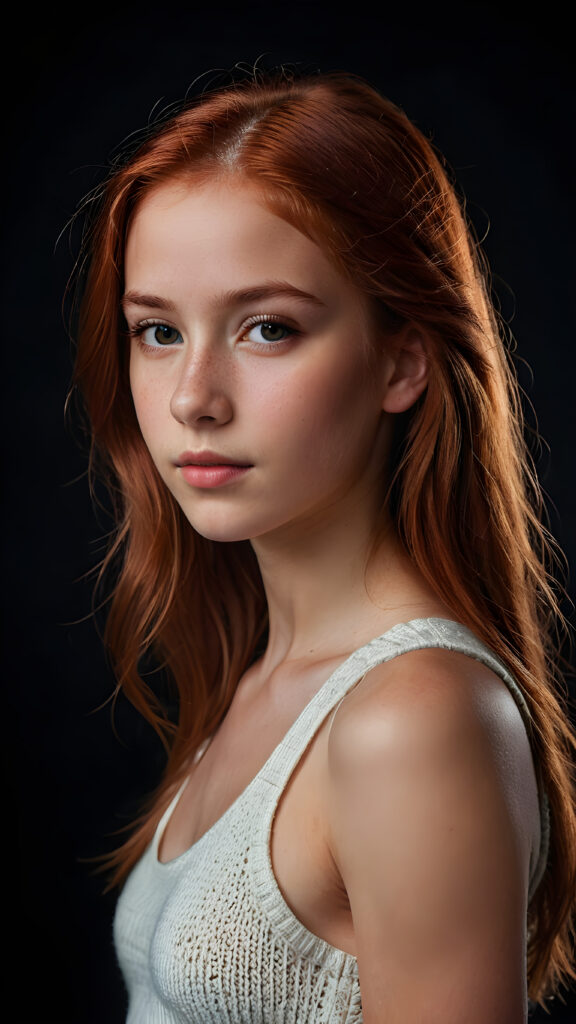 realistic and detailed portrait of a young, pretty 13 years old teen girl with long straight jet red soft hair, black background, weak light illuminates the girl a little, side view, wears a thin cropped white tank top made of fine wool, perfect body