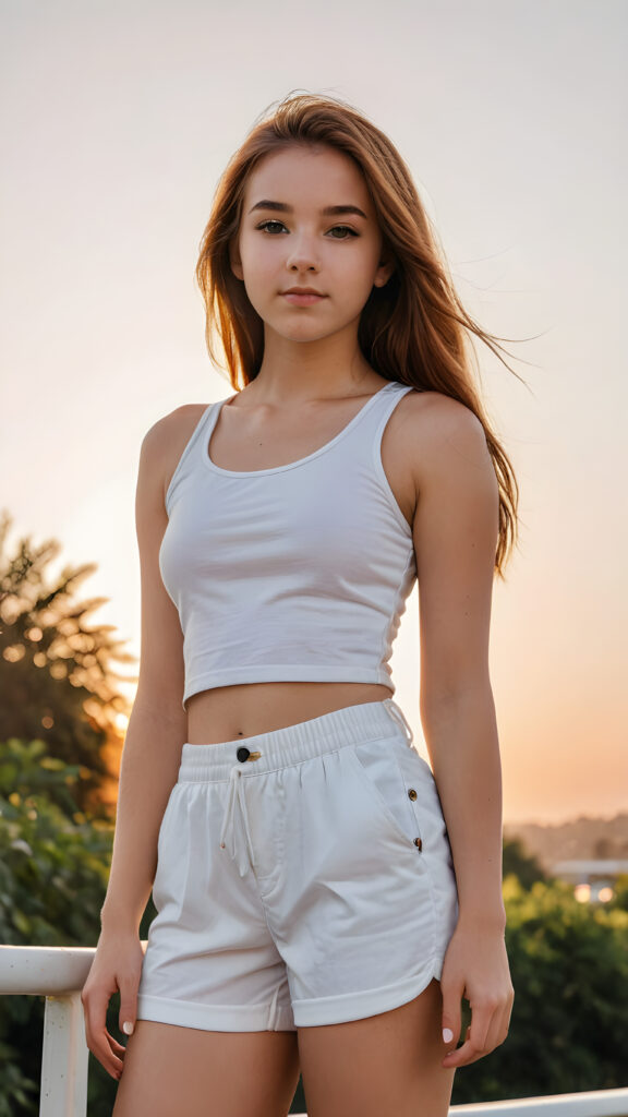 realistic and detailed portrait: a (((teenage girl))) in a white sleek, cropped tank top and fitted ((shorts)) that show off every curve of her youthful form, sunset in backdrop, long straight copper hair