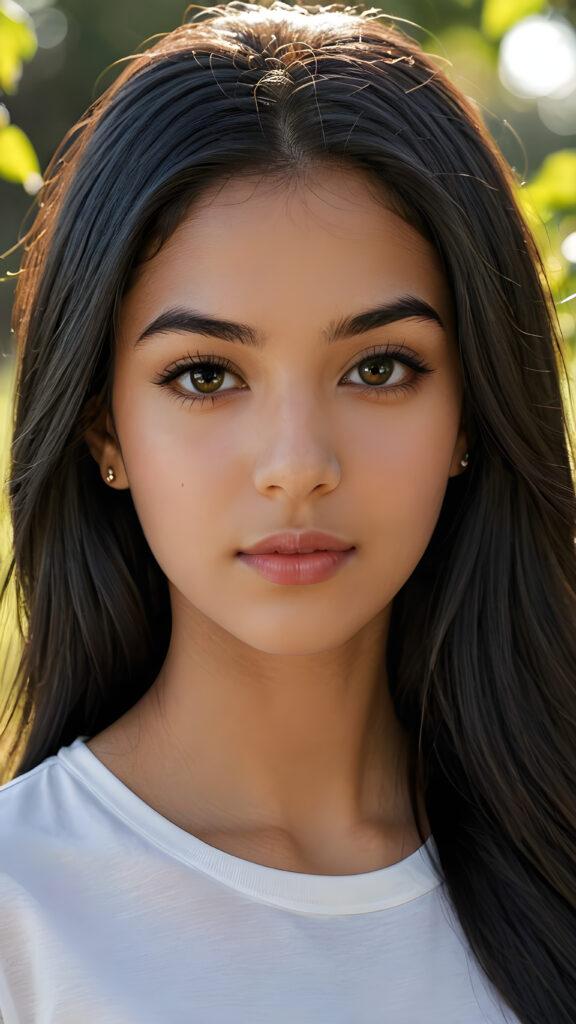 realistic and detailed photo from a beautiful, young (((Persian teen girl))) with ((long, straight, shiny soft black hair)), she wears a thin form-fitting plain white t-shirt, flawless dark skin, and dark, reflective eyes, perfect full kissable detailed lips, her face is framed by perfect contrast and shadow, set against a (((natural, gorgeous backdrop))), making her an (((instant classic))), both (((stunning))) and (((cute)))