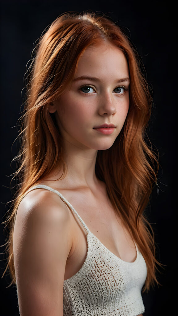 realistic and detailed portrait of a young, pretty 13 years old teen girl with long straight jet red soft hair, black background, weak light illuminates the girl a little, side view, wears a thin cropped white tank top made of fine wool, perfect body