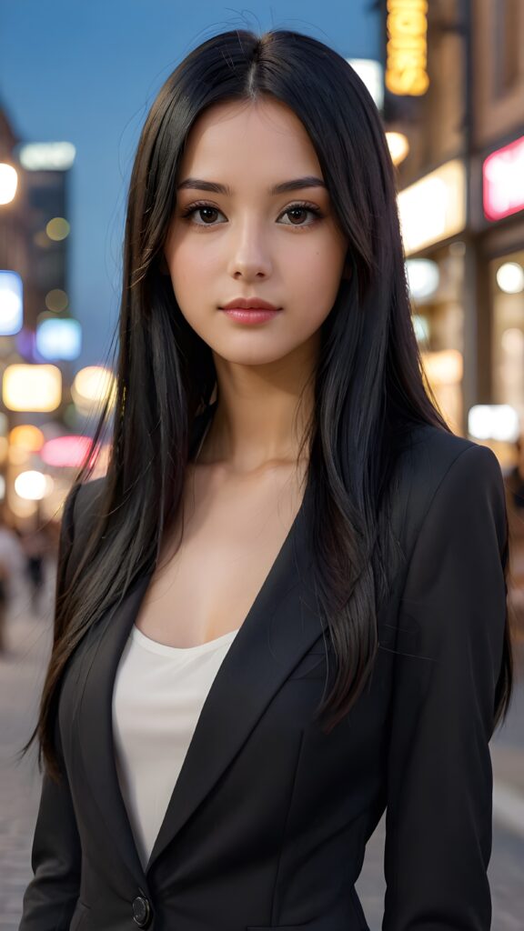 realistic and detailed photo: a (((girl with very long, sleek straight black hair))), dressed in black, thin suit