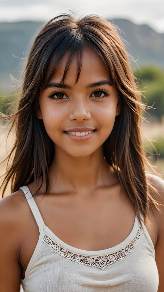 realistic and detailed photo from a pretty brown-skinned indigenous girl with soft straight very long hair, bangs cut, brown eyes, gentle smile, wearing a tank top