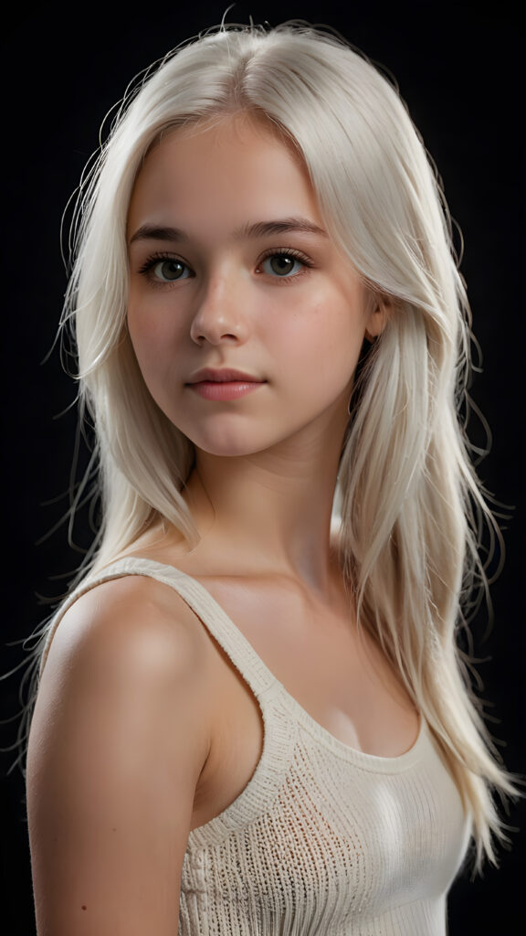 realistic and detailed portrait of a young, pretty 14 years old teen girl with long straight jet white hair, black background, weak light illuminates the girl a little, side view, wears a thin cropped white tank top made of wool, perfect body