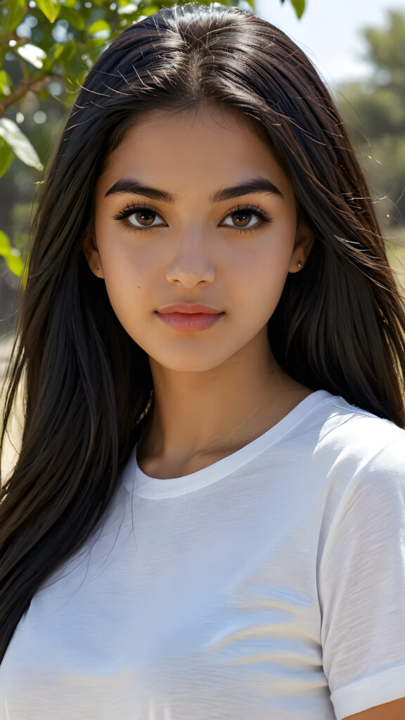 realistic and detailed photo from a beautiful, young (((Persian teen girl))) with ((long, straight, shiny soft black hair)), she wears a thin form-fitting plain white t-shirt, flawless dark skin, and dark, reflective eyes, perfect full kissable detailed lips, her face is framed by perfect contrast and shadow, set against a (((natural, gorgeous backdrop))), making her an (((instant classic))), both (((stunning))) and (((cute)))