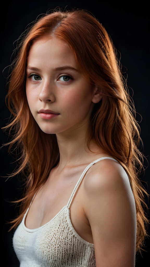 realistic and detailed portrait of a young, pretty 13 years old teen girl with long straight jet red soft hair, black background, weak light illuminates the girl a little, side view, wears a thin cropped white tank top made of fine wool, perfect body