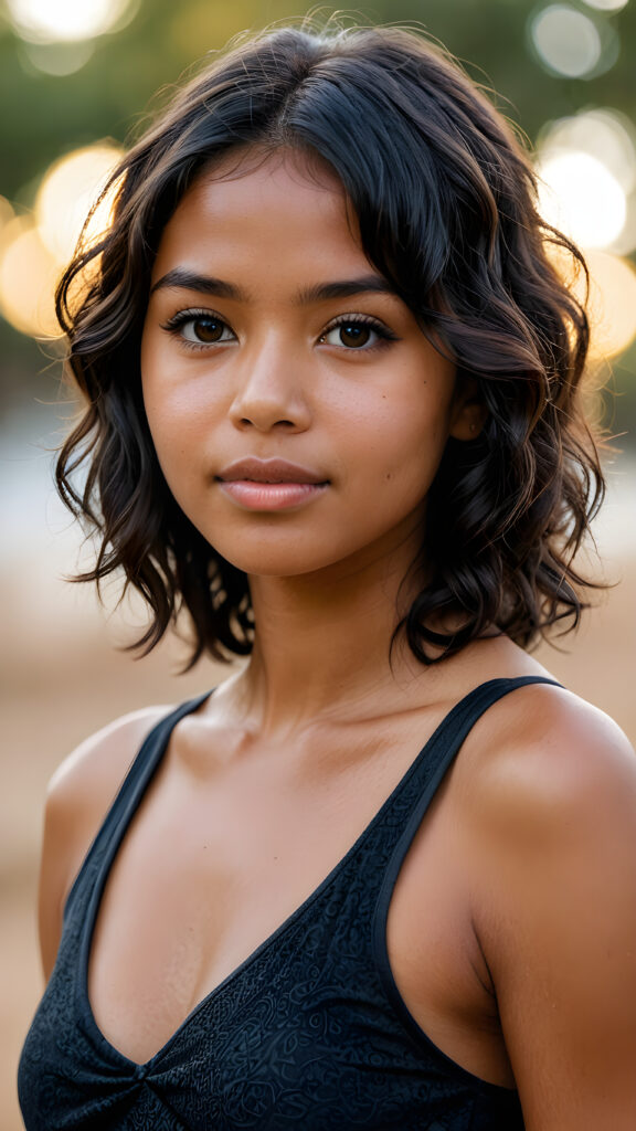 realistic and detailed photo from a pretty petite tanned well busty young indigenous girl, with ((soft smooth, shiny fine, curly obsidian black hair)), bangs cut, brown eyes, full kissable lips, wearing a tank top with a deep v-neck