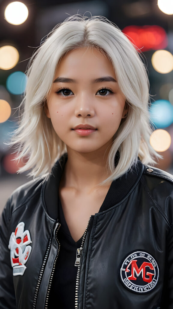 realistic and detailed portrait of a young, pretty Asian teen girl with white hair, she wears a black flight jacket