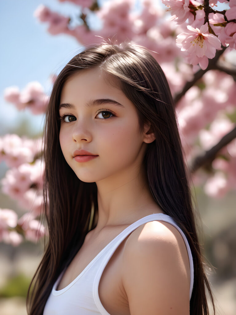 realistic and detailed portrait: a (((super cute teen girl, 15 years old, captured in upper body view))), ((flawless beautiful soft skin)), (((black soft sleek straight long hair))), angelic round face with full lips, emoting joy, framed in a side profile portrait shot against a (((cherry blossom))), with perfect anatomics and curved body, wears a (((super short thin white crop tank top))), ((side view))