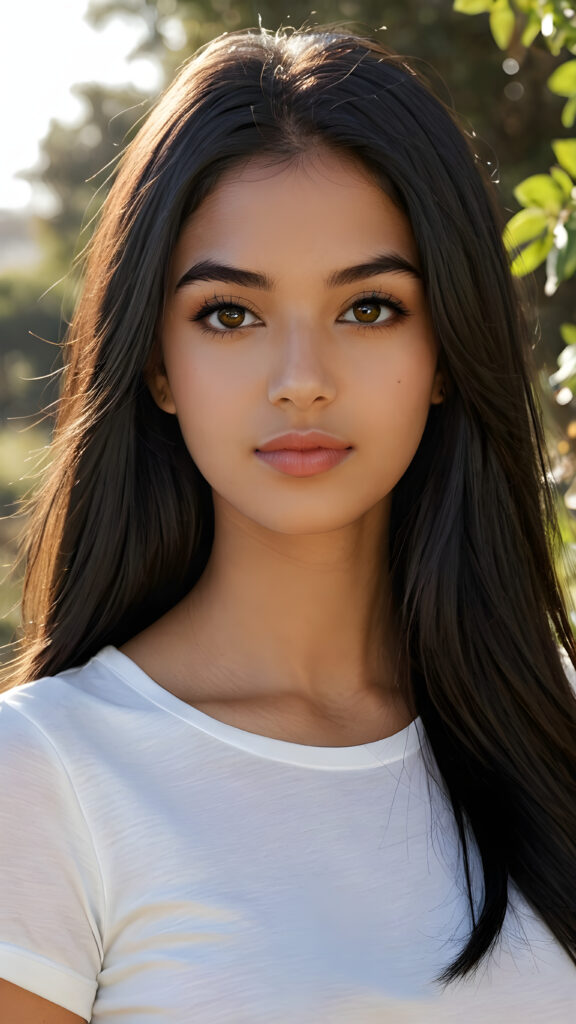 realistic and detailed photo from a beautiful, young (((Persian teen girl))) with ((long, straight, shiny soft black hair)), she wears a thin form-fitting plain white t-shirt, flawless dark skin, and dark, reflective eyes, perfect full kissable detailed lips, her face is framed by perfect contrast and shadow, set against a (((natural, gorgeous backdrop))), making her an (((instant classic))), both (((stunning))) and (((cute)))