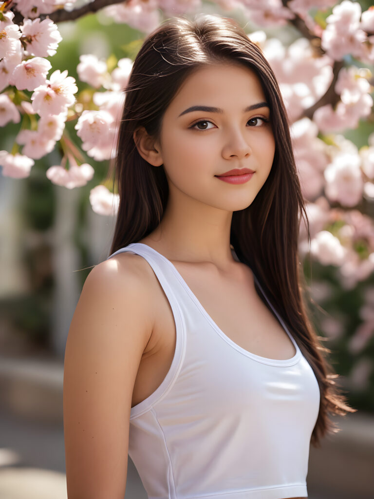 a (((super cute teen girl, 15 years old, captured in an upper body view))), with flawlessly beautiful (((soft, slightly rosy skin))), and (((long, sleek, luxurious black hair))), exuding pure happiness, framed in a (((side profile portrait))) that captures every intricate detail, from her serene, angelic features to the delicate petals of a (((cherry blossom))), with a (((super short, thin, white crop tank top))), (((side view)))