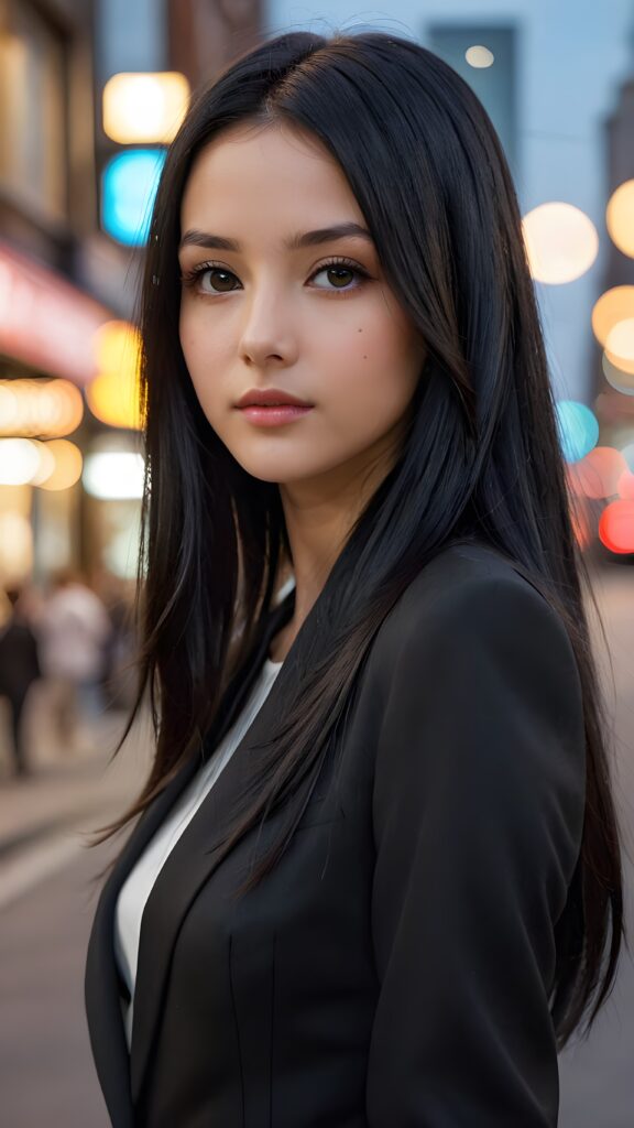 realistic and detailed photo: a (((girl with very long, sleek straight black hair))), dressed in black, thin suit