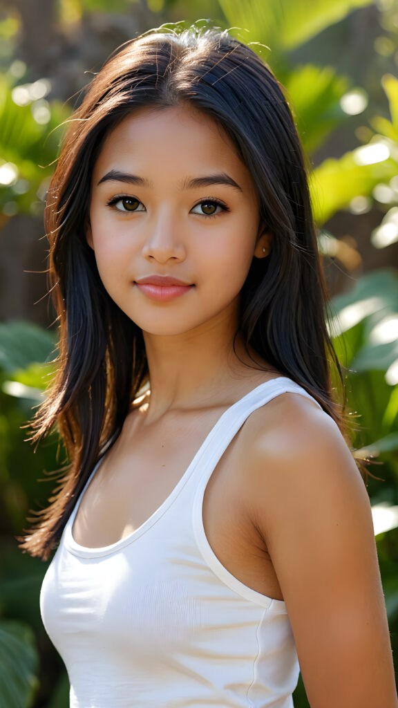 realistic and detailed upper-body photo from a beautiful, young (((petite Hawaiian teen girl))) with ((long, straight, shiny soft black hair)), she wears a thin form-fitting ((plain white tank top, perfect curved body)), flawless tanned skin, and dark, reflective eyes, perfect full kissable detailed lips, her face is framed by perfect contrast and shadow, set against a (((natural, gorgeous backdrop))), making her an (((instant classic))), both (((stunning))) and (((cute)))