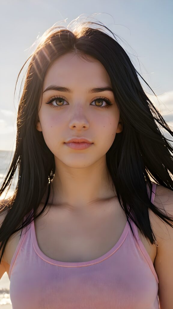 realistic and detailed portrait from a (((cute teen emo girl with long, soft black straight hair framing her face in gentle waves)) and amber eyes, full lips, ((wears a no printed short form-fitting pink tank top)), against a (((sunny backdrop))))), she is beautiful