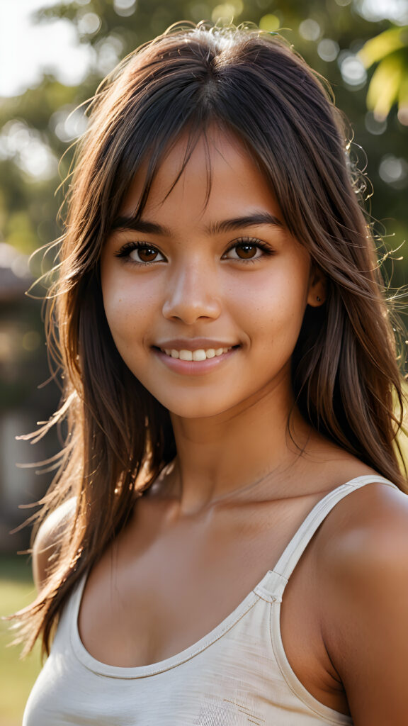 realistic and detailed photo from a pretty brown-skinned indigenous girl with soft straight very long hair, bangs cut, brown eyes, gentle smile, wearing a tank top