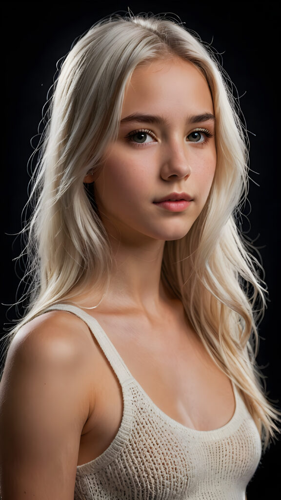 realistic and detailed portrait of a young, pretty 14 years old teen girl with long straight jet white soft hair, black background, weak light illuminates the girl a little, side view, wears a thin cropped white tank top made of wool, perfect body