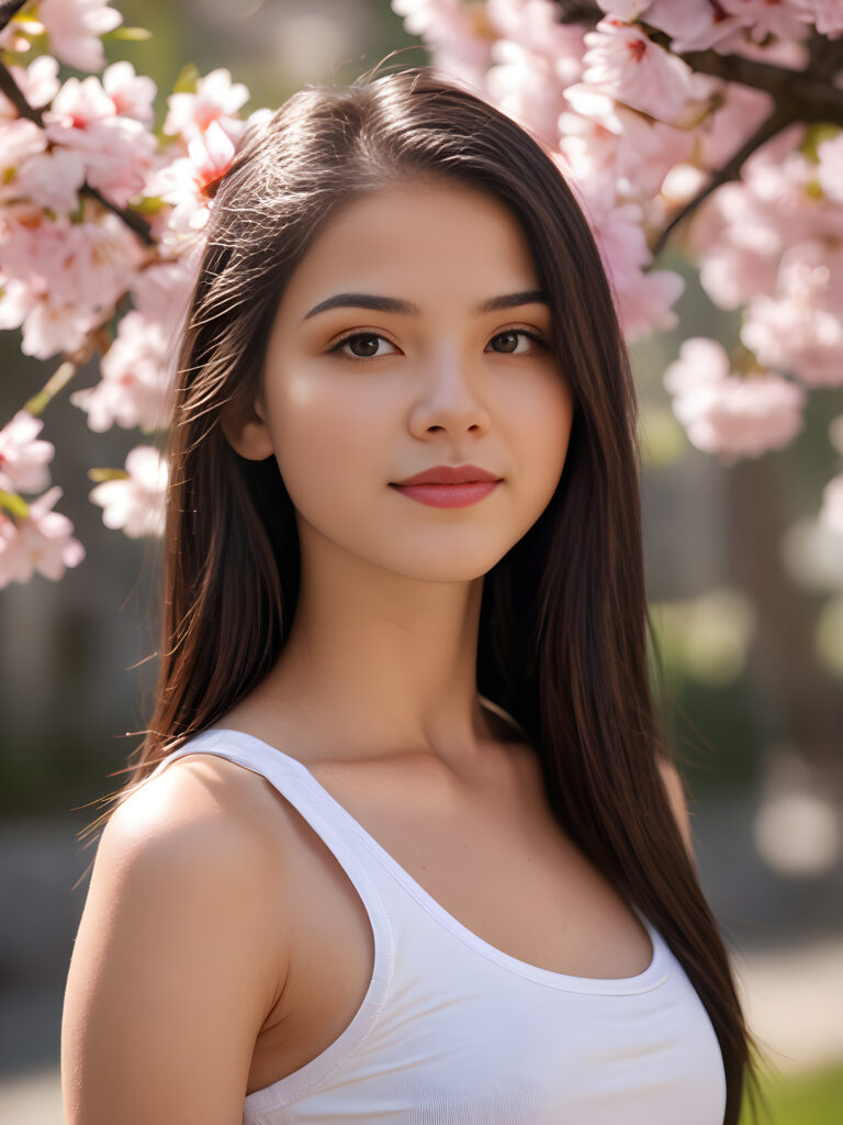 a (((super cute teen girl, 15 years old, captured in an upper body view))), with flawlessly beautiful (((soft, slightly rosy skin))), and (((long, sleek, luxurious black hair))), exuding pure happiness, framed in a (((side profile portrait))) that captures every intricate detail, from her serene, angelic features to the delicate petals of a (((cherry blossom))), with a (((super short, thin, white crop tank top))), (((side view)))