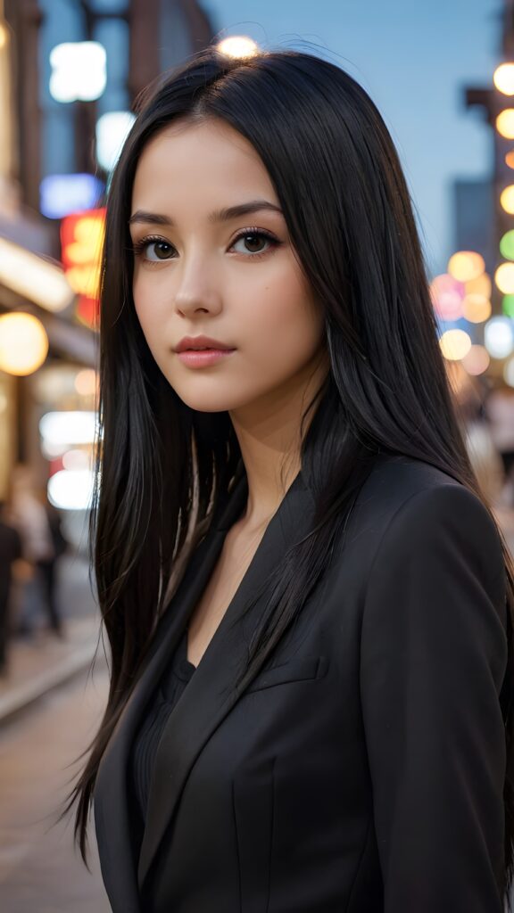 realistic and detailed photo: a (((girl with very long, sleek straight black hair))), dressed in black, thin suit