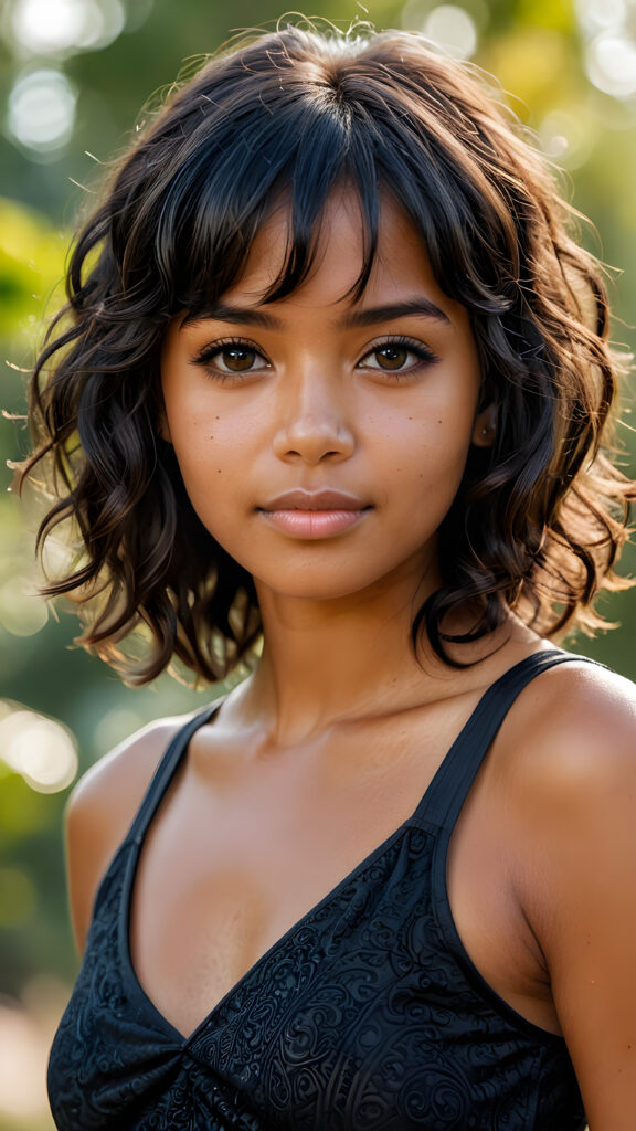 realistic and detailed photo from a pretty petite tanned well busty young indigenous girl, with ((soft smooth, shiny fine, curly obsidian black hair)), bangs cut, brown eyes, full kissable lips, wearing a tank top with a deep v-neck