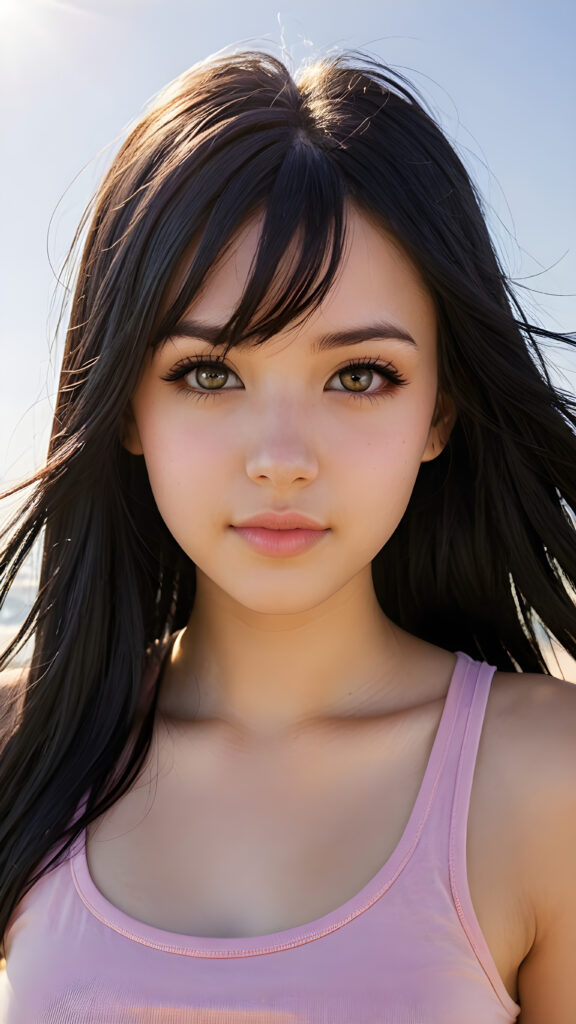 realistic and detailed portrait from a (((cute teen emo girl with long, soft black straight hair framing her face in gentle waves)) and amber eyes, full lips, ((wears a short form-fitting pink t-shirt)), against a (((sunny backdrop)))))