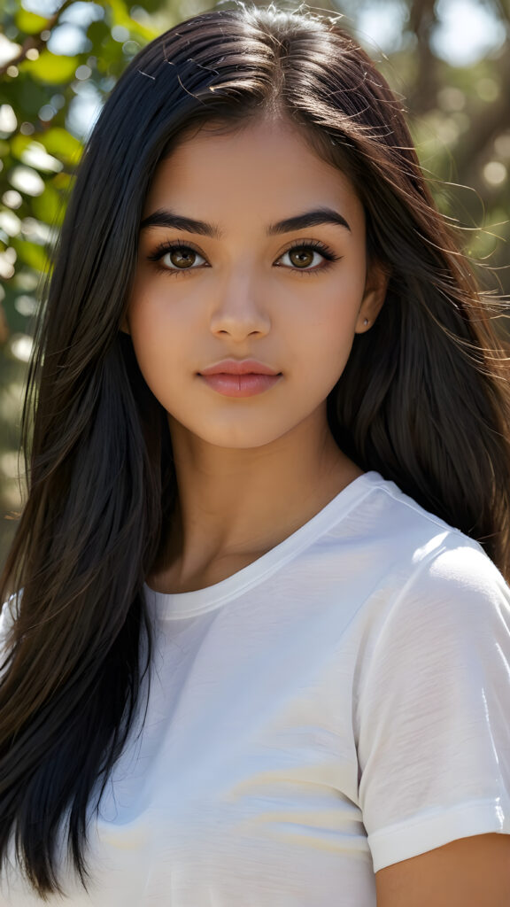 realistic and detailed photo from a beautiful, young (((Persian teen girl))) with ((long, straight, shiny soft black hair)), she wears a thin form-fitting plain white t-shirt, flawless dark skin, and dark, reflective eyes, perfect full kissable detailed lips, her face is framed by perfect contrast and shadow, set against a (((natural, gorgeous backdrop))), making her an (((instant classic))), both (((stunning))) and (((cute)))