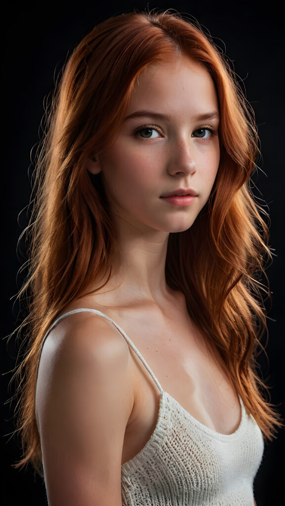 realistic and detailed portrait of a young, pretty 13 years old teen girl with long straight jet red soft hair, black background, weak light illuminates the girl a little, side view, wears a thin cropped white tank top made of fine wool, perfect body