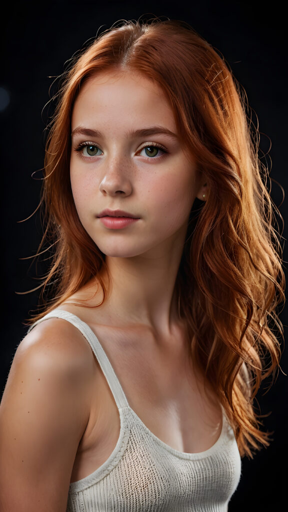 realistic and detailed portrait of a young, pretty 13 years old teen girl with long straight jet red soft hair, black background, weak light illuminates the girl a little, side view, wears a thin cropped white tank top made of fine wool, perfect body