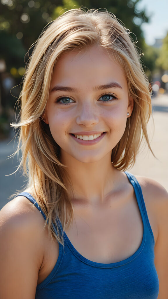 ((realistic, detailed)) ((stunning)) portrait, a young teen girl, 16 years old, perfect curved body, smile, straight gold hair, blue eyes, detailed face, wears a blue short tank top