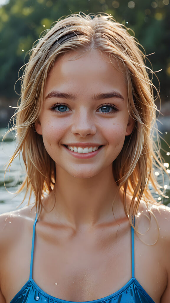 ((realistic, detailed)) ((stunning)) portrait, a young teen girl, 16 years old, perfect curved body, smile, straight gold hair, blue eyes, detailed face, wet hair, wet skin, wet body