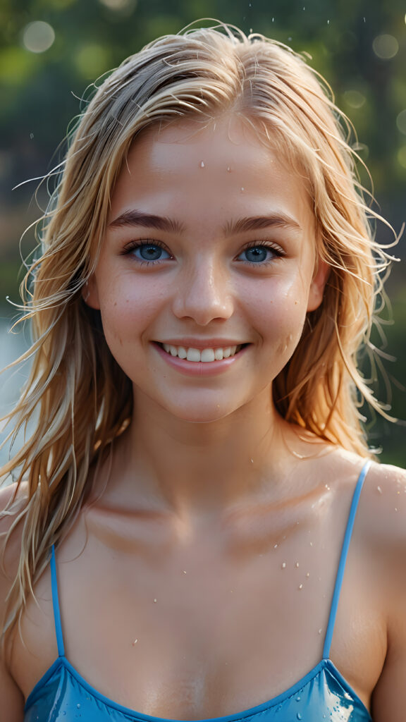 ((realistic, detailed)) ((stunning)) portrait, a young teen girl, 16 years old, perfect curved body, smile, straight gold hair, blue eyes, detailed face, wet hair, wet skin, wet body