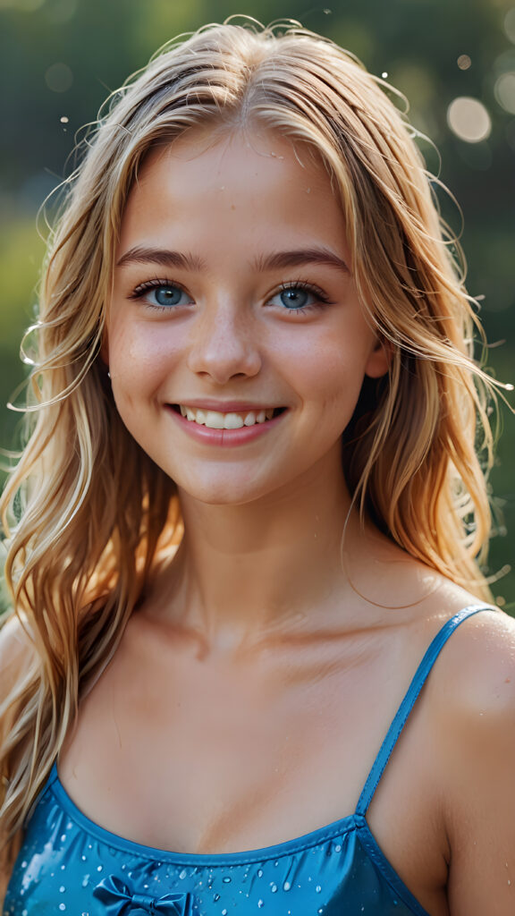 ((realistic, detailed)) ((stunning)) portrait, a young teen girl, 16 years old, perfect curved body, smile, straight gold hair, blue eyes, detailed face, wet hair, wet skin, wet body