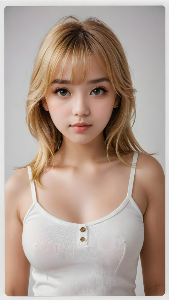 realistic, extreme highly detailed, HD portrait, ((upper body)), ((gorgeous)) ((attractive)) ((stunning)) ((young)) detailed face, perfect curved body, a cute teen girl, long blonde straight hair, Korean styled bangs, wear only a white short tight tank top, looks at the camera, portrait shot