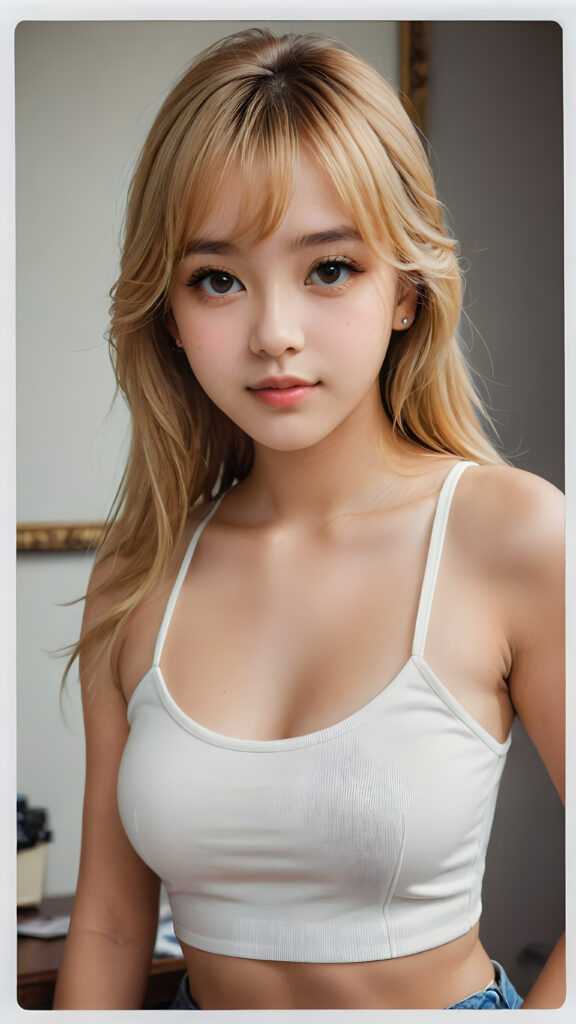 realistic, extreme highly detailed, HD portrait, ((upper body)), ((gorgeous)) ((attractive)) ((stunning)) ((young)) detailed face, perfect curved body, a cute teen girl, long blonde straight hair, Korean styled bangs, wear only a white short tight tank top, looks at the camera, portrait shot