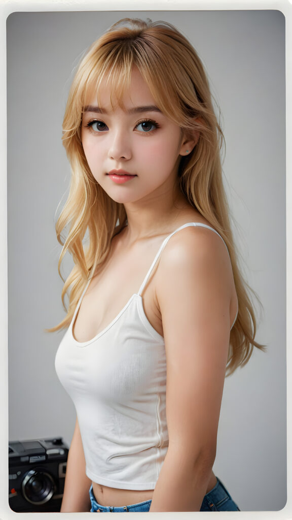 realistic, extreme highly detailed, HD portrait, ((upper body)), ((gorgeous)) ((attractive)) ((stunning)) ((young)) detailed face, perfect curved body, a cute teen girl, long blonde straight hair, Korean styled bangs, wear only a white short tight tank top, looks at the camera, portrait shot