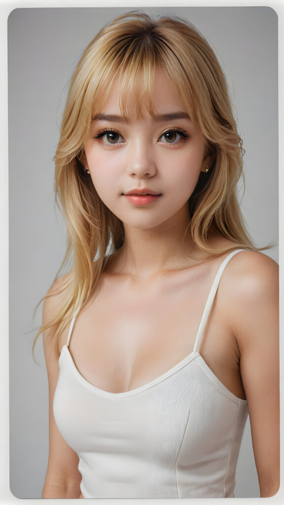 realistic, extreme highly detailed, HD portrait, ((upper body)), ((gorgeous)) ((attractive)) ((stunning)) ((young)) detailed face, perfect curved body, a cute teen girl, long blonde straight hair, Korean styled bangs, wear only a white short tight tank top, looks at the camera, portrait shot