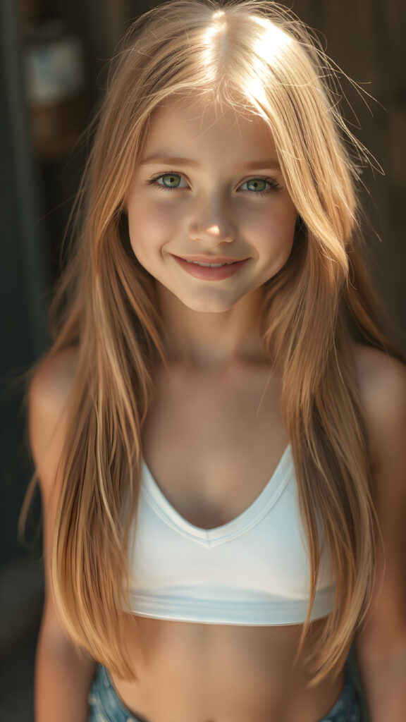 realistic, super high quality full body portrait, beautifully proportioned 14 year old girl, with luxurious long straight blond hair, round cheeks, and bright green eyes. She's wearing a (hyper short tight white crop tank top, deep v-neck, sun-kissed skin, and perfectly complements her full figure. The sun-kissed rays of light shining on her give her an ethereal glow, highlighting her youthful features. Her smile is both friendly and sophisticated, perfectly framed by her youthful face, which perfectly complements her toned figure. The overall atmosphere is (extremely sunny and warm), like a fantasy come to life, with a high level of detail that captures every nuance of her youthful features, from the softest, most luxurious auburn hair to the smallest details of her face, beautifully proportioned and perfectly framed