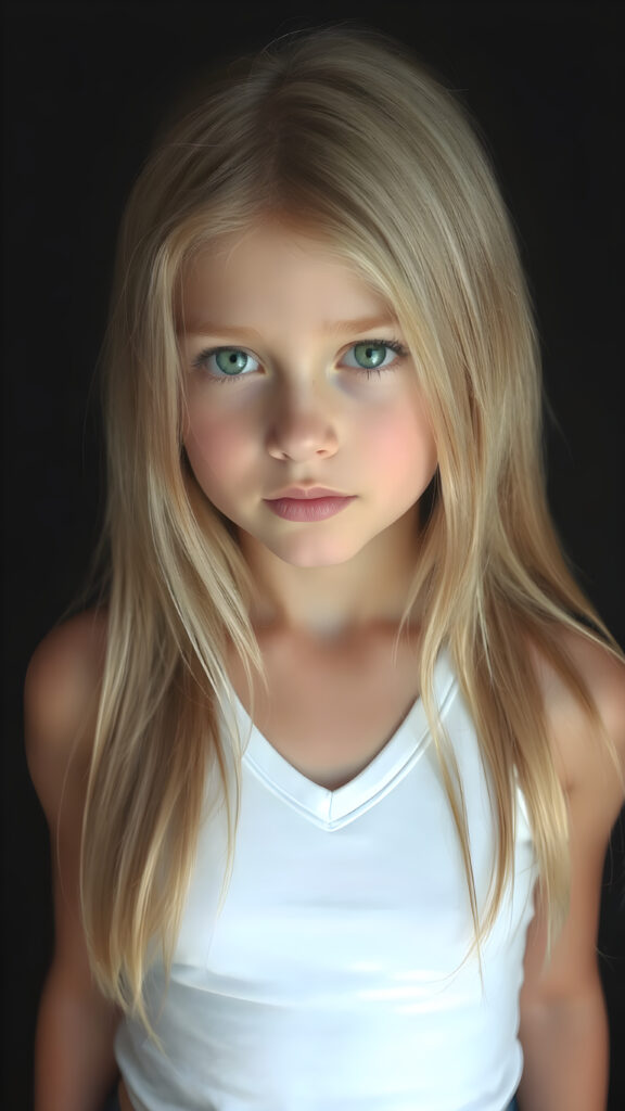 realistic, super high quality upper body portrait in 1:3, beautifully proportioned 14 year old girl, with luxurious long straight blond super soft hair, round cheeks, and bright green eyes. She's wearing a (short tight white crop tank top, deep v-neck, silver skin, and perfectly complements her full figure), against a dark backdrop