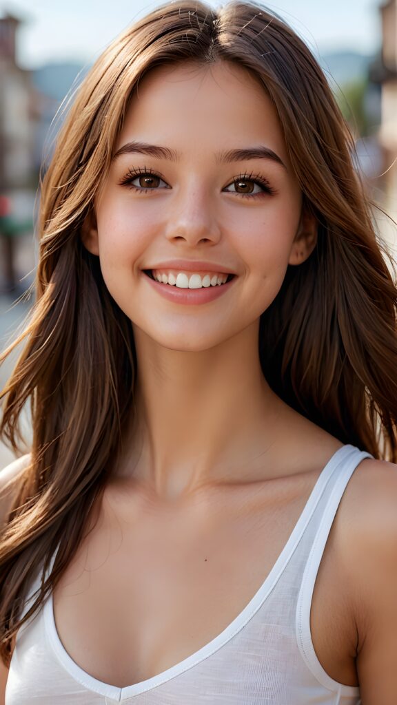 realistic very high quality hyper-detailed intricate details high-resolution ultra-high detail image of a cute and gorgeous ((long, straight brown jet hair)) teen girl with a ((round face)), natural (almond skin) and (detailed, realistic (pale brown eyes))), perfectly detailed ((natural looking lips)), in a ((perfect white teeth smile)), almond-shaped eyes. She wears a ((short tight (black tank top, deep v-neck)), ((no background)) and ((her wings are slightly curved)), cinematic dimmed light