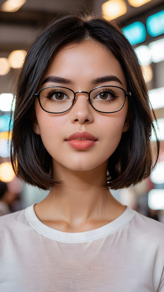 show me a beautiful masterpiece photo from a beautiful young pretty girl, with black shiny hairs bob cut, wearing glasses, wearing a white short plain t-shirt, focus on her face, full kissable lips, pretty face