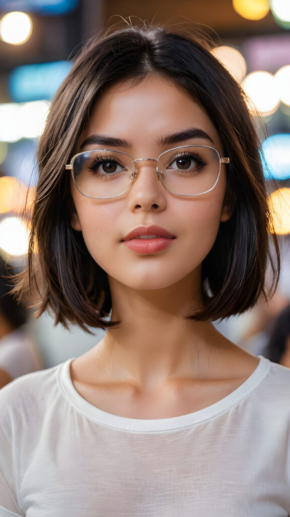 show me a beautiful masterpiece photo from a beautiful young pretty girl, with black shiny hairs bob cut, wearing glasses, wearing a white short plain t-shirt, focus on her face, full kissable lips, pretty face