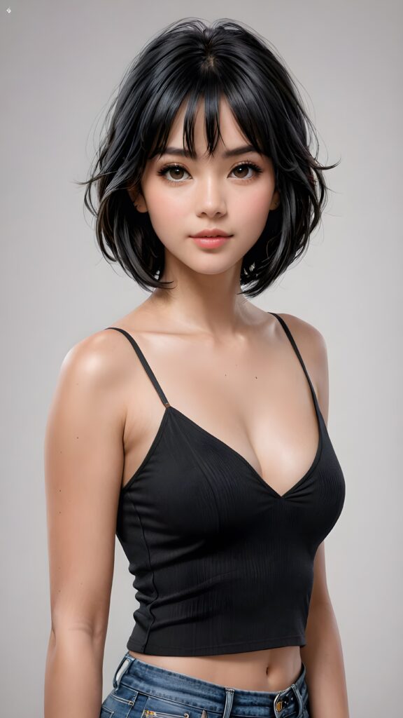 show me a beautiful young busty girl with jet black hair, bangs cut frame her round face, shoulder length hair, wearing a tight and thin, black spaghetti cropped tank top that support her perfect fit body, deep v-neck, ((empty backdrop))