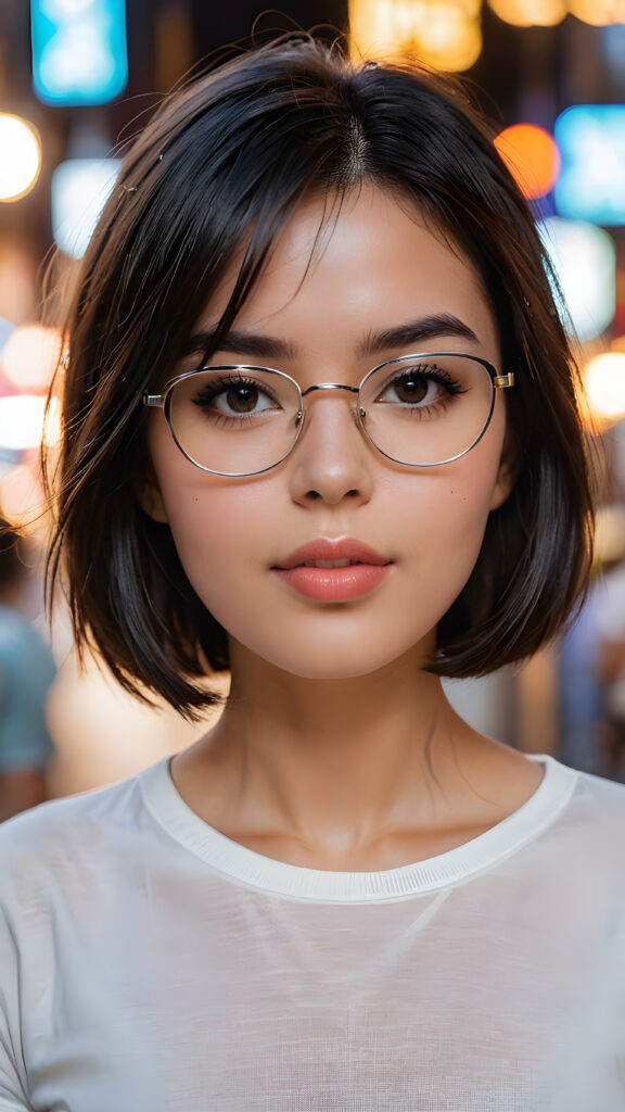 show me a beautiful masterpiece photo from a beautiful young pretty girl, with black shiny hairs bob cut, wearing glasses, wearing a white short plain t-shirt, focus on her face, full kissable lips, pretty face