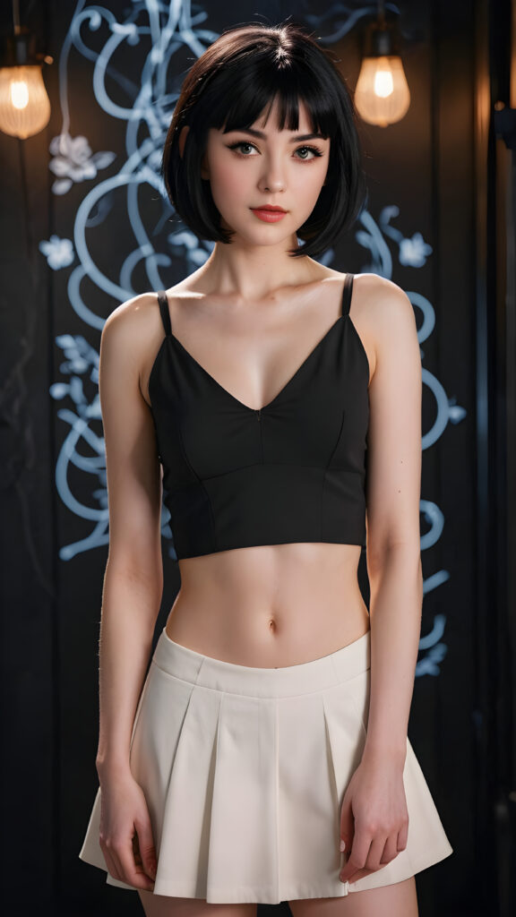 show me a cute petite girl, a beautifully drawn (((thin crop top))), with its front and sides pulled up for a (((deep v-neck))), with a (((skirted short black hair))), and (pale skin), all against a backdrop of a (black, fantasy-themed background)