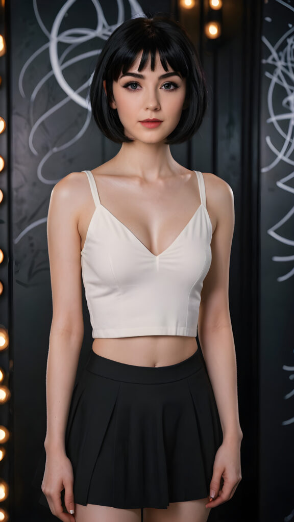 show me a cute petite girl, a beautifully drawn (((thin crop top))), with its front and sides pulled up for a (((deep v-neck))), with a (((skirted short black hair))), and (pale skin), all against a backdrop of a (black, fantasy-themed background)