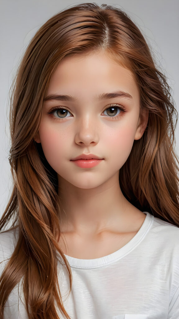 show me a realistic and detailed photo from a thoughtful (((cute and petite girl, 12 years old))) with long, soft, red straight hair, round face, soft lips and grey eyes that give off a romantic glow, the girl wears a white t-shirt