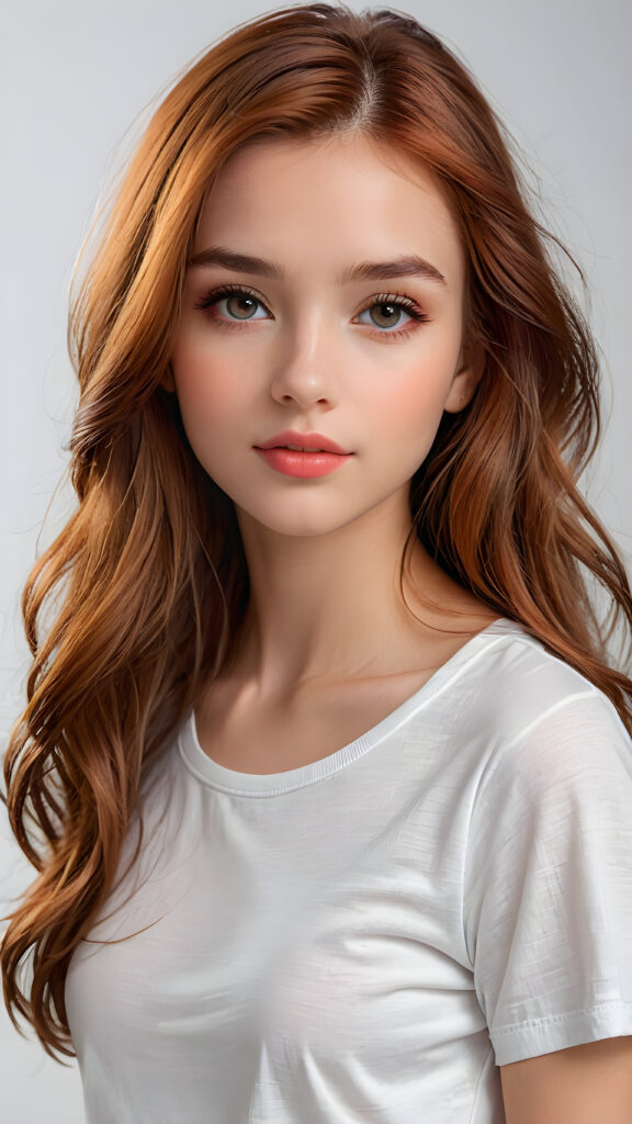 show me a realistic and detailed photo from a thoughtful (((cute and petite girl))) with long, soft, red straight hair, soft lips and grey eyes that give off a romantic glow, the girl wears a white t-shirt