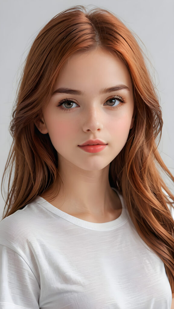 show me a realistic and detailed photo from a thoughtful (((cute and petite girl))) with long, soft, red straight hair, soft lips and grey eyes that give off a romantic glow, the girl wears a white t-shirt