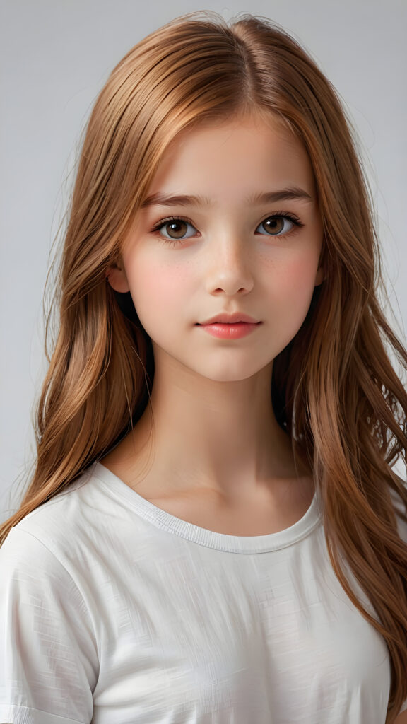 show me a realistic and detailed photo from a thoughtful (((cute and petite girl, 12 years old))) with long, soft, red straight hair, round face, soft lips and grey eyes that give off a romantic glow, the girl wears a white t-shirt