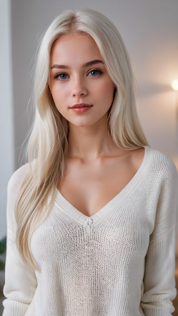 show me a super realistic, detailed portrait, a beautiful young well busty petite teen girl, perfect body, ((with long soft platinum white straight hair)), and ((full lips)), looks sweetly into the camera, she wears a thin crop ((white sweater with deep v-neck)) against ((light background))