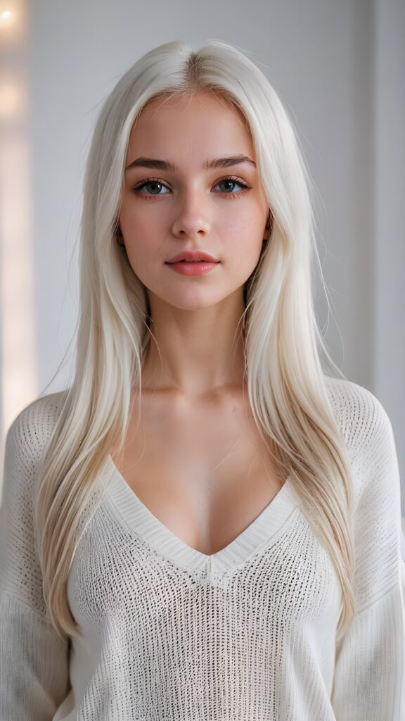 show me a super realistic, detailed portrait, a beautiful young well busty petite teen girl, perfect body, ((with long soft platinum white straight hair)), and ((full lips)), looks sweetly into the camera, she wears a thin crop ((white sweater with deep v-neck)) against ((light background))